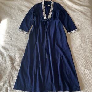 Vintage 70s Navy Prairie House Dress / Hostess Maxi